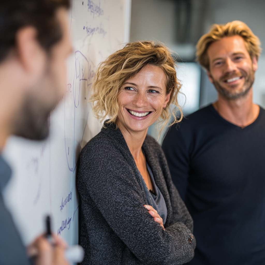 Drie volwassenen staan bij een whiteboard met diagrammen en notities. Een vrouw vooraan glimlacht en kijkt naar een man die aan het woord is, terwijl een andere man naast haar staat, ook glimlachend. Ze lijken allemaal verwikkeld in een discussie of vergadering.
