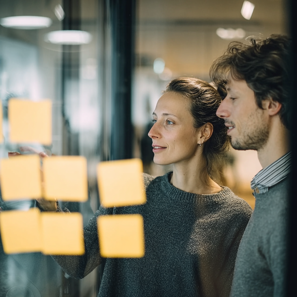 Twee mensen staan naast een glazen wand bedekt met gele plakbriefjes, focussen op en discussiëren over de briefjes in een moderne kantooromgeving.