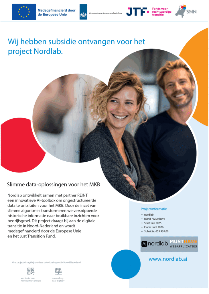 Een promotiefolder voor Nordlab met twee lachende volwassenen in een kantooromgeving. De Nederlandse tekst beschrijft de subsidiëring van een project voor dataoplossingen gericht op kleine en middelgrote bedrijven. Logo's en contactgegevens zijn bijgevoegd.